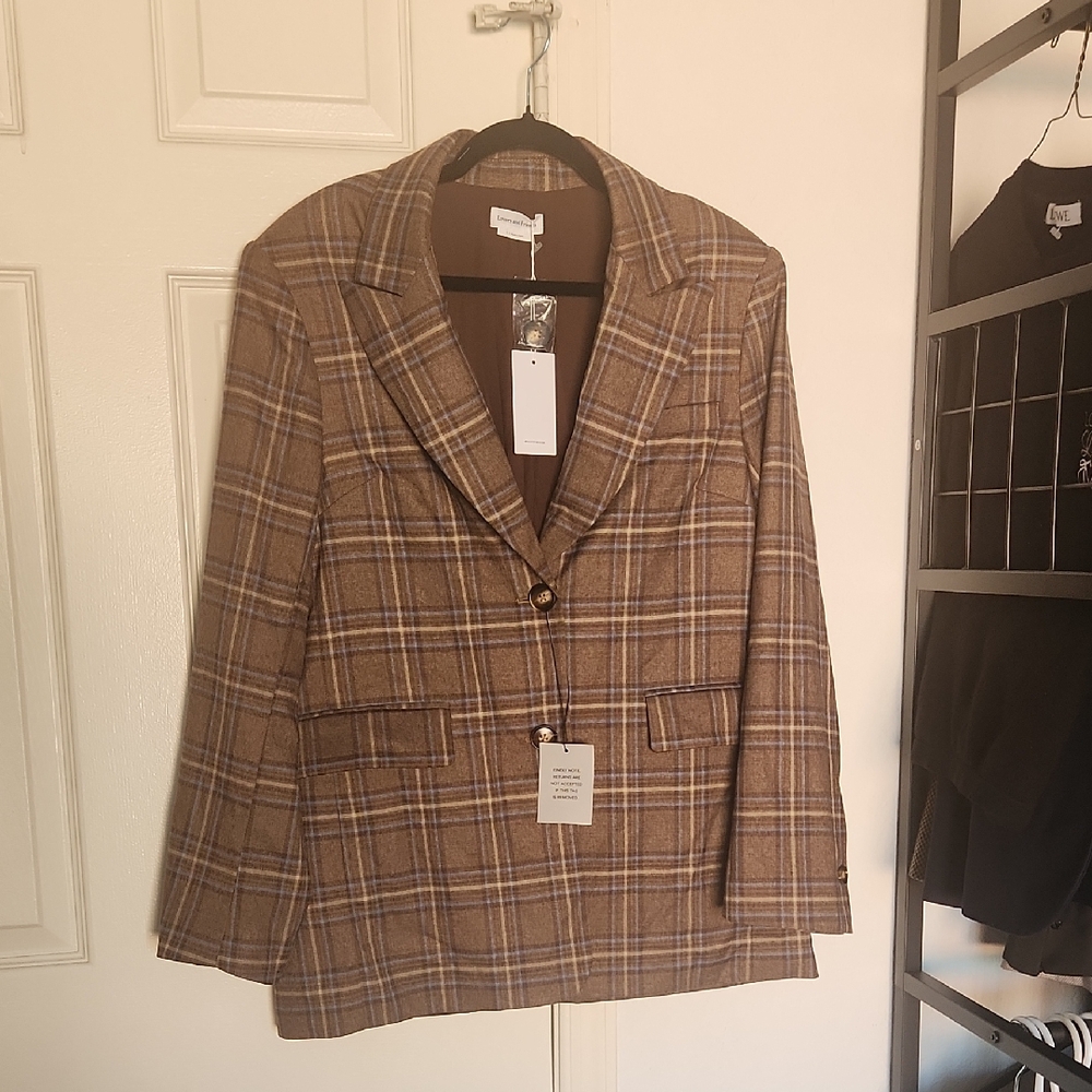 NWT Lovers And Friens Leah Blazer in Brown Plaid Multi Small - Picture 3 of 10